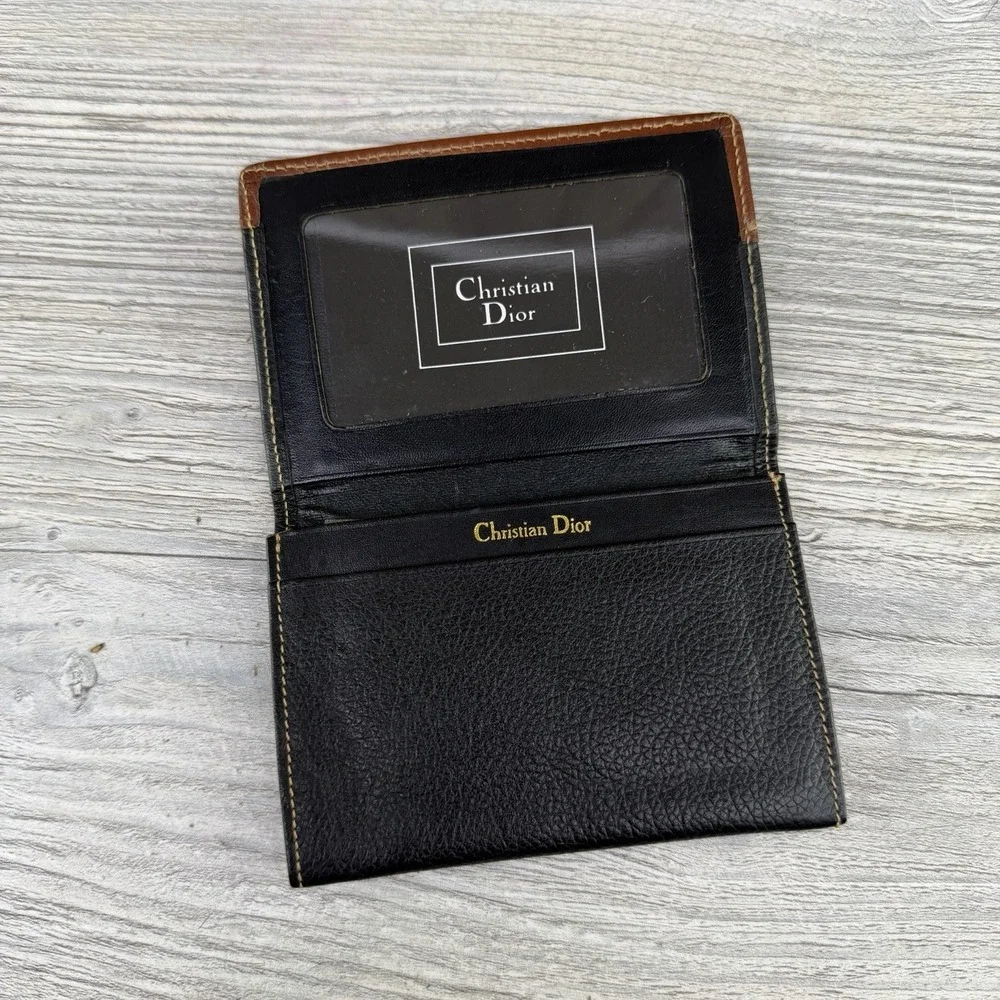 Vintage Christian Dior Leather Checkbook Cover Wallet Black Brown ID Holder